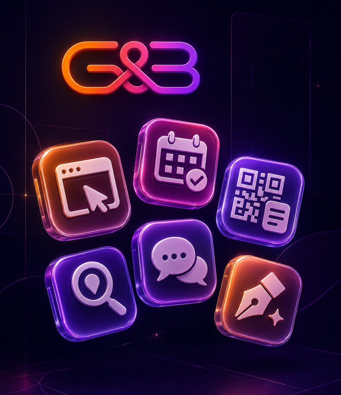 Digitale Leistungen von G&B als Icons für Website, Buchung, QR-Code, Suche, Nachrichten und Design